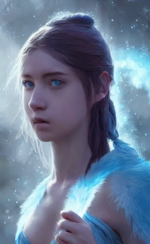 Image similar to a girl from final fantasy live action, the smurfs, evocative, mystical night, very very very very detailed, award winning, masterpiece digital painting by greg rutkowski, alex grey, artstation, 4 k wallpaper