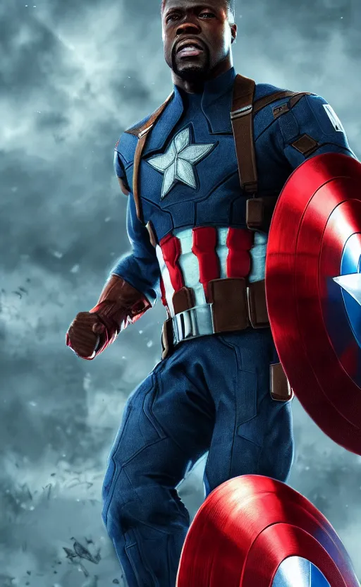 Image similar to kevin hart as captain america, dynamic lighting, photorealistic fantasy concept art, trending on art station, stunning visuals, creative, cinematic, ultra detailed