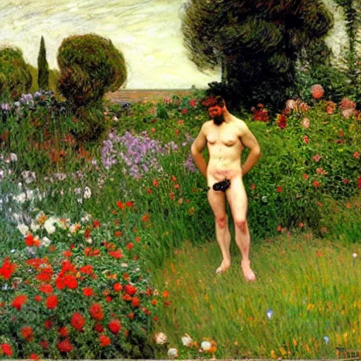 Image similar to attractive man gardening by his idyllic home, painting by tom of finland, john william waterhouse, claude monet