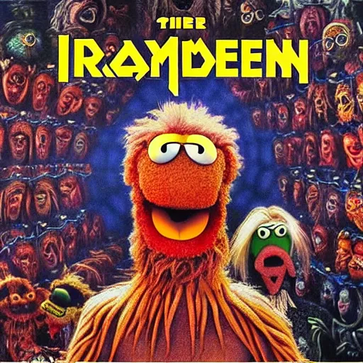 Image similar to animal the muppet on iron maiden album cover, 8 k resolution hyperdetailed scary dystopian surrealism style of alex grey