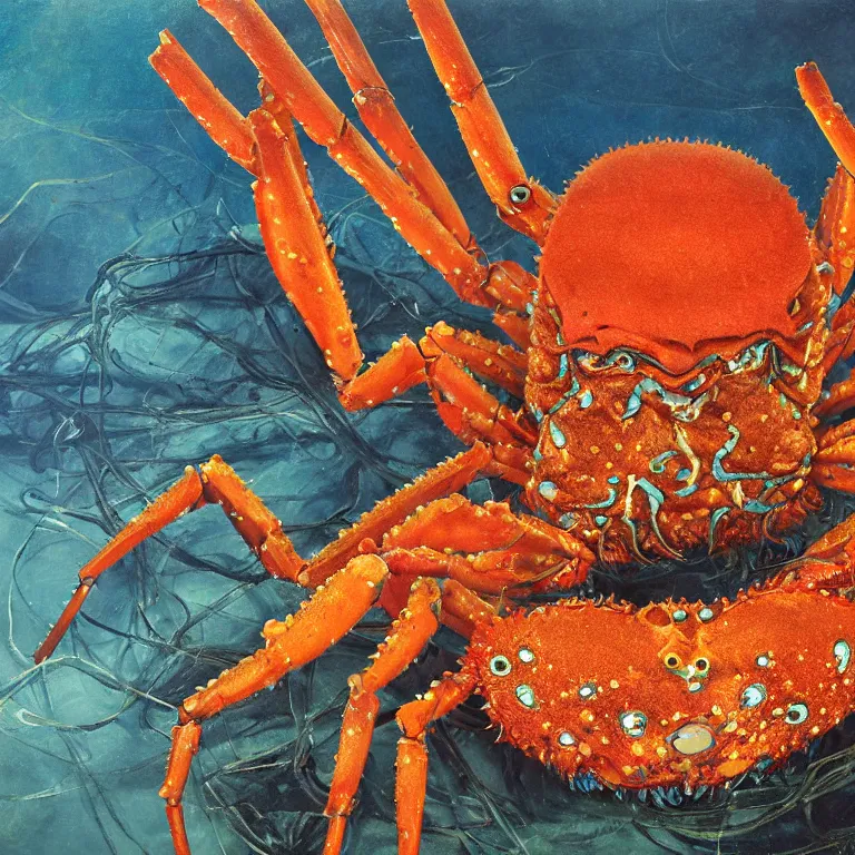 Image similar to Hyperrealistic intensely colored Studio wet collodion Photograph portrait of a deep sea Giant Spider Crab deep underwater in darkness long exposure, award-winning nature deep sea expressionistic impasto heavy brushstrokes oil painting by Jenny Saville and Norman Rockwell and Audubon vivid colors hyperrealism 8k