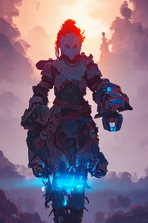 Image similar to combination suit armor aloy horizon forbidden west horizon zero dawn radiating a glowing aura global illumination ray tracing hdr fanart arstation by ian pesty and alena aenami artworks in 4 k tribal robot ninja mask helmet backpack