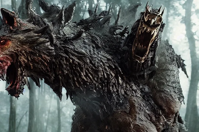 Image similar to vfx movie closeup detailed ancient armored warrior orc hunting riding large wolf in the forest, natural lighting by emmanuel lubezki