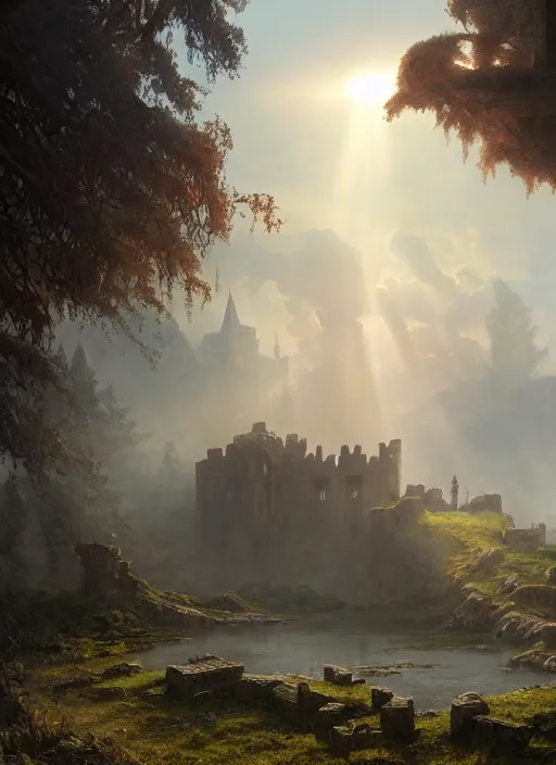 Prompt: a ruined medieval castle, mist, sunrays, dust in the air, dnd character, unreal engine, octane render, dramatic lighting, pond, digital art, by stanley artgerm lau, greg rutkowski, thomas kindkade, alphonse mucha, loish, norman rockwell,