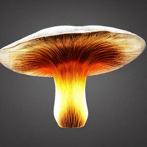 Prompt: beautiful roud mushroom cap is an alien ship, bottom view, luminous lamellae are clearly visible, no stipe, black background, hyper realism, epic composition