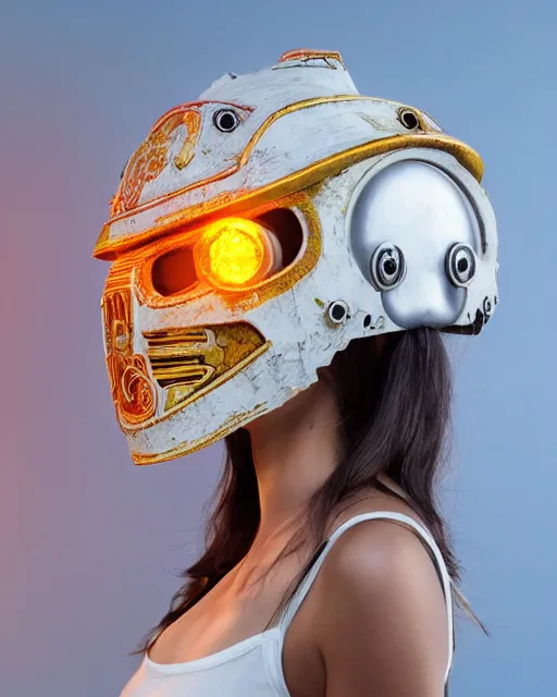 Image similar to centered medium shot fine studio photograph of a young woman wearing only a white solarpunk mecha Mayan helmet with bright lights, ultra-realistic, white background, 8k HDR sunset lit, intricate