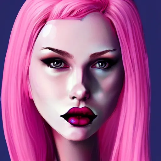 Image similar to beautiful pink haired girl, trending on instagram, artstation, goth makeup, digital art, kodachrome color