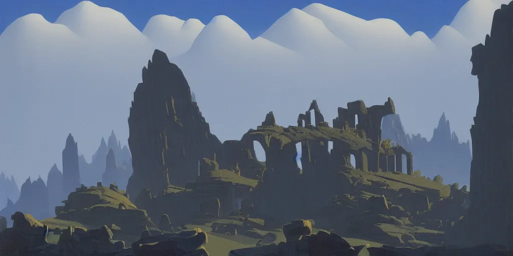 Prompt: landscape 2 d by ed mell, raphael lacoste and erikas perl, castle, by g liulian, ruins, defined forms, beautiful cloudy deep blue sky, perfect composition, cliffs, no fog, detailed, flat ilustration, trending on artstation