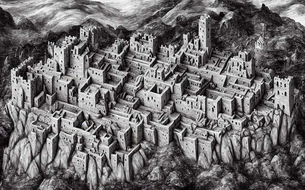 Prompt: aerial view of a dwarven fortress chiseled into the side of a mountain, a baroque oil painting, ominous, epic, medieval fantasy landscape, deep halls, runes, torches, waterwheels, windmills, ornate jewels, trading depots, extremely detailed, sharp focus