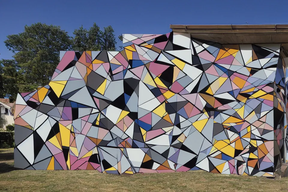 Image similar to geometric anamorphic graffiti of a modern house, by birdo, alex maksiov and john pugh