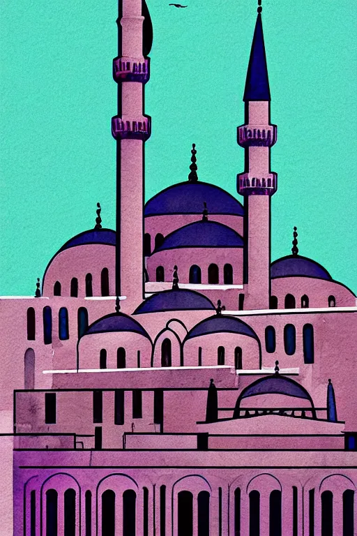 Image similar to minimalist colorful watercolor line art of a mosque in istanbul, art deco, cityscape, matte drawing, poster art