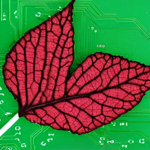 Image similar to a digital leaf of mint with circuit board paths instead of veins