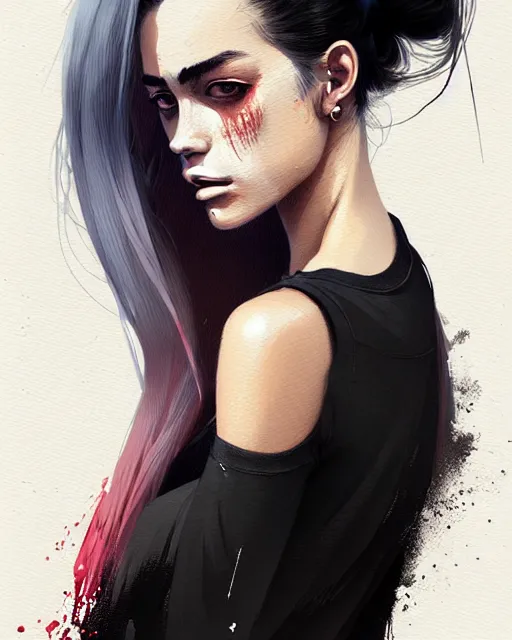 Image similar to a ultradetailed beautiful portrait painting of a stylish woman with a ponytail, she is wearing a black tank top and jeans, by conrad roset, greg rutkowski and makoto shinkai trending on artstation