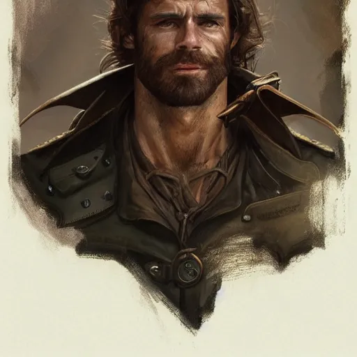 Prompt: portrait of a rugged ranger, coherent hands, handsome, muscular, upper body, leather, hairy torso, d & d, fantasy, intricate, elegant, highly detailed, digital painting, artstation, concept art, smooth, sharp focus, illustration, art by artgerm and greg rutkowski and alphonse mucha