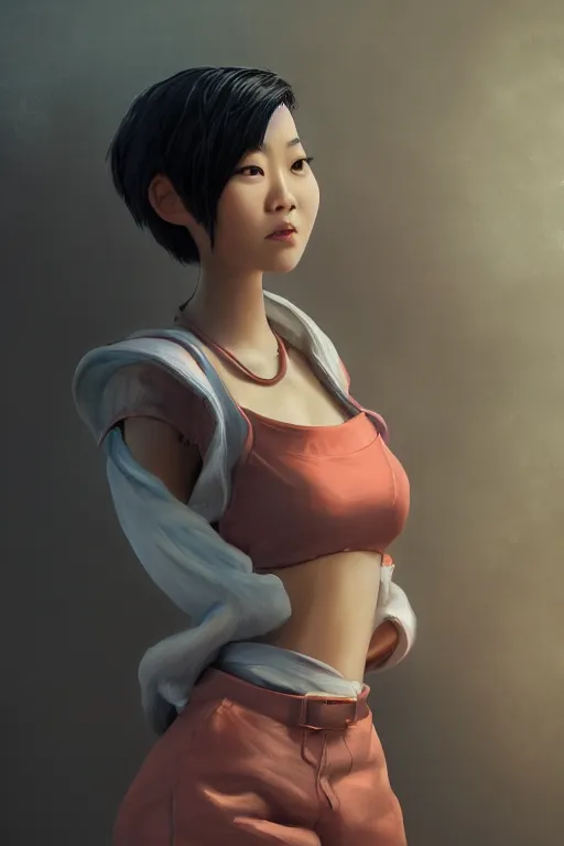 Image similar to a painting of cute Asian girl, short hair, in the style of DreamWorks animation, low angle view, 16mm lens, award winning, hyper detailed, dramatic lighting, artstation, octane renderer, unreal engine