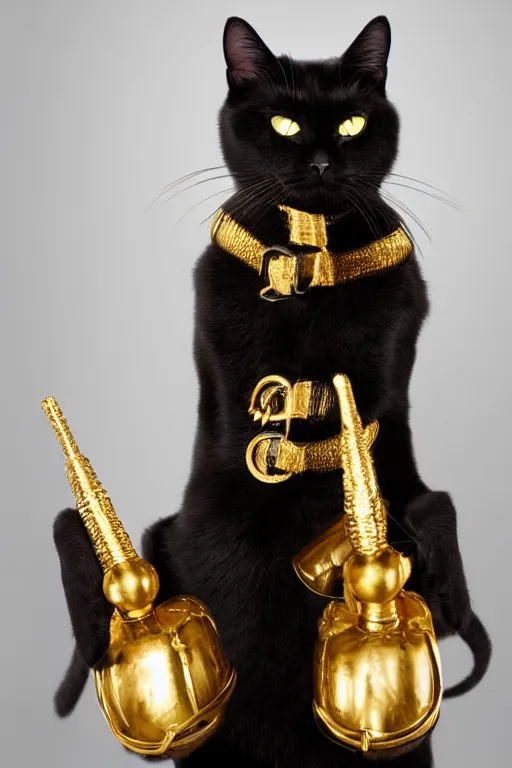 Prompt: a black cat wearing gold plated armor, studio lighting