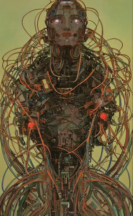 Image similar to upper half portrait of army mecha robot - wires and vines as poster design borders, art by alphonse mucha & zdzisaw beksinski, highly detailed, digital painting, concept art, illustration, smooth sharp focus, intricate, symmetry, artstation, colourful,