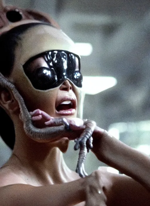 Image similar to movie still of kim kardashian wearing a alien facehugger mask, in the movie alien. cinematic full shot.