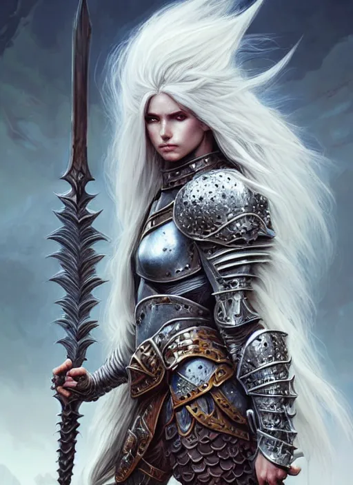 Image similar to barbarian, plated armor!!! long wild white hair!! fantasy, d & d, intricate ornate details, digital painting, beautiful eyes!, pretty face!!, symmetry, concept art, sharp focus, illustration, art by artgerm! greg rutkowski magali villeneuve wlop! ilya kuvshinov!!, octane render