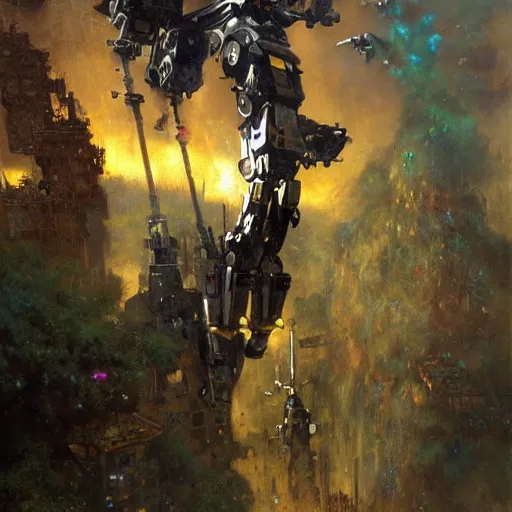 Image similar to six meters tall mech fighting in an urban environment, epic action scene, by gaston bussiere craig mullins jc leyendecker gustav klimt artgerm greg rutkowski john berkey, bergey, craig mullins, ruan jia, raymond swanland, jeremy mann, tom lovell, alex malveda, ray casting, hdr