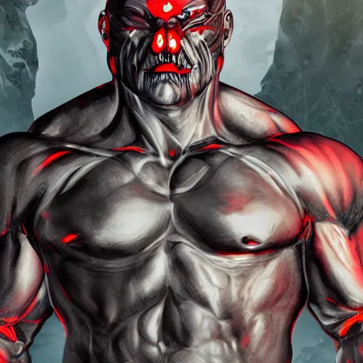 Image similar to a highly detailed character portrait of a muscular man wearing a epic shadow armor with glowing red eyes