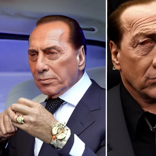 Prompt: Silvio Berlusconi Is a gangsta rapper, doing lines on the helicopter and landing at the Piper Disco, with rolex, bling bling and a bandana, and the whole police his guarding his back