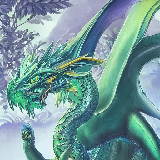 Prompt: An elegant green, blue dragon, it has a furry body and leathery wings, sitting on a clearing in a flowery jungle, detailed, mtg, digital illustration, trending on artstation