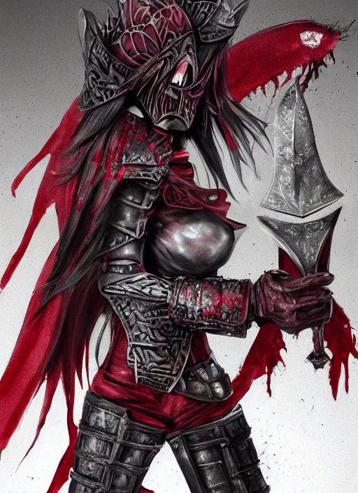 Prompt: female vampire knight, flying, barefoot, black plate armor, historical armor, good protection, monstrous mask, giant two - handed sword dripping blood, red wings, grinning, barefeet, detailed, realistic, dnd.