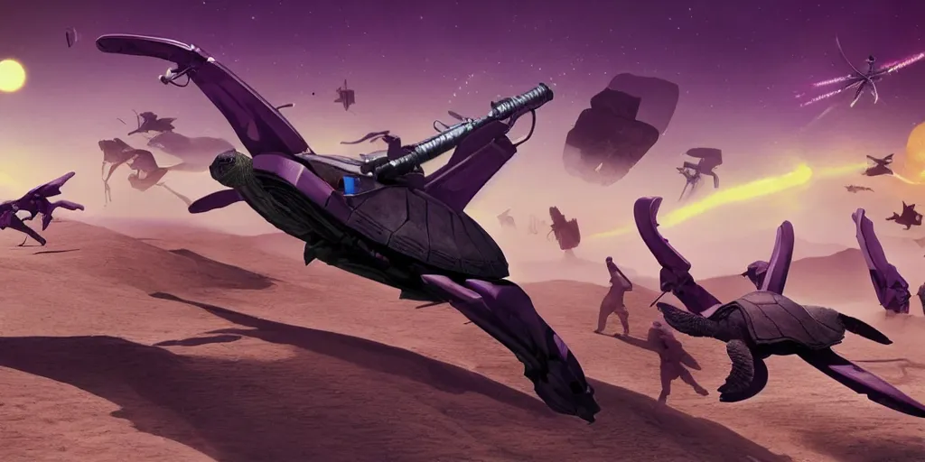 Prompt: neoteric depiction of a battlefield with horses riding drones and militarized turtles, weapon design by zaha hadid, y 2 k aesthetic, dark purple background, chesley bonestell, 4 k