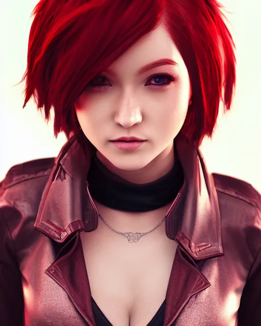 Image similar to a girl with short red hair, cool, vi from arcane, league of legends, fighter, cool red jacket, tattoo, beautiful, 3 d, potrait, art staion, studio light, closeup shot, octane render, wlop, realistic, neon