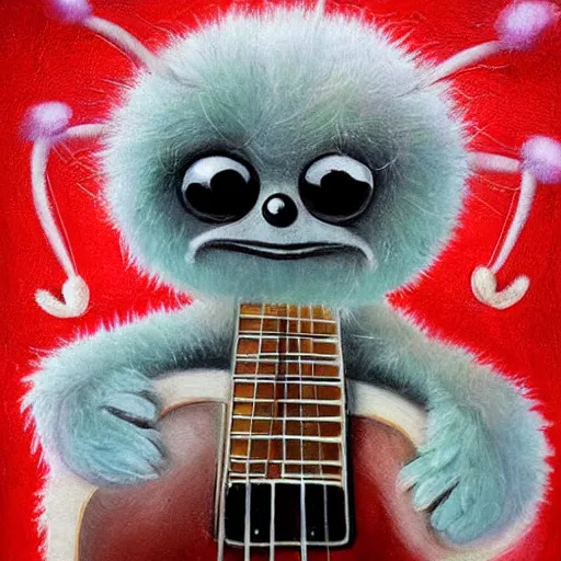 Image similar to medium shot, cute lucas the spider, fluffy spider, plays the guitar, 3 d art, oil painting