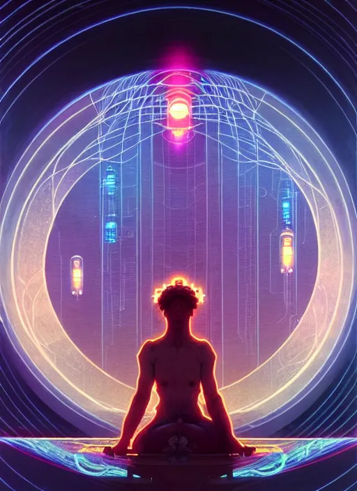 Prompt: high depth, collective civilization peace, calm, healing, resting, life, hybrids, scifi, glowing lights!!, published concept art, mixed medias, image overlays, sharp focus, thin glowing wires, winning illustration, art by greg rutkowski and alphonse mucha, singularity!!!, 3 6 0 projection