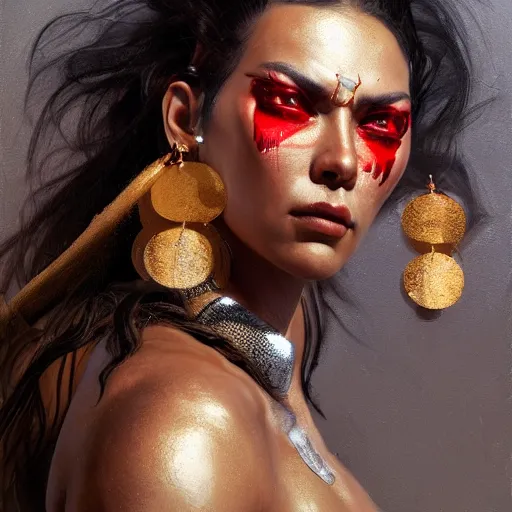 Image similar to detailed oil portrait of tall hyper - muscular shining bronze - skinned warrior woman with silver eyes, with long wavy flowing black hair and big gold earrings, jewelry, red lipstick, makeup, feminine, volumetric lighting, dynamic composition, art by sachin teng and sergey kolesov and ruan jia and heng z, scifi, concept art