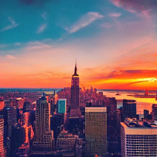 Prompt: sunset above new york, beautiful landscape, high detail, instagram photo, professional dslr photo, creative composition, beautiful composition