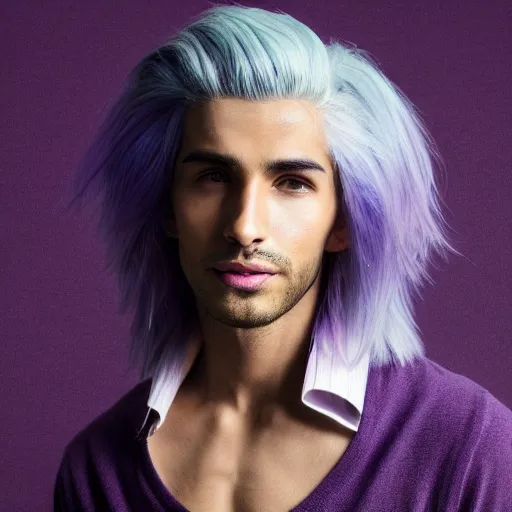 Prompt: human male with purple skin and white hair