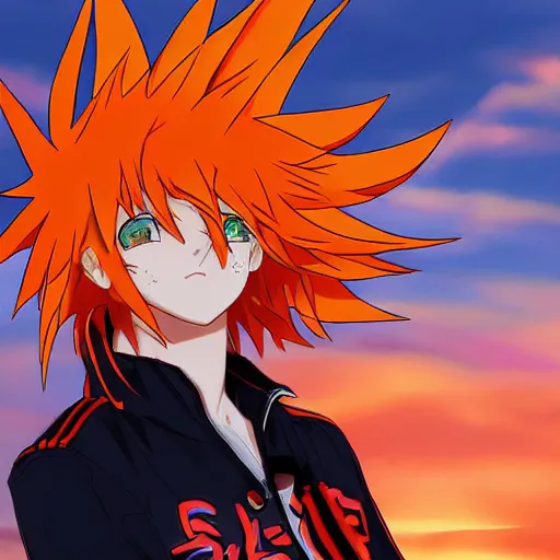 Image similar to orange - haired anime boy, 1 7 - year - old anime boy with wild spiky hair, wearing blue jacket, golden hour, partly cloudy sky, red clouds, orange sky, old town, strong lighting, strong shadows, vivid hues, ultra - realistic, sharp details, subsurface scattering, intricate details, hd anime, 2 0 1 9 anime