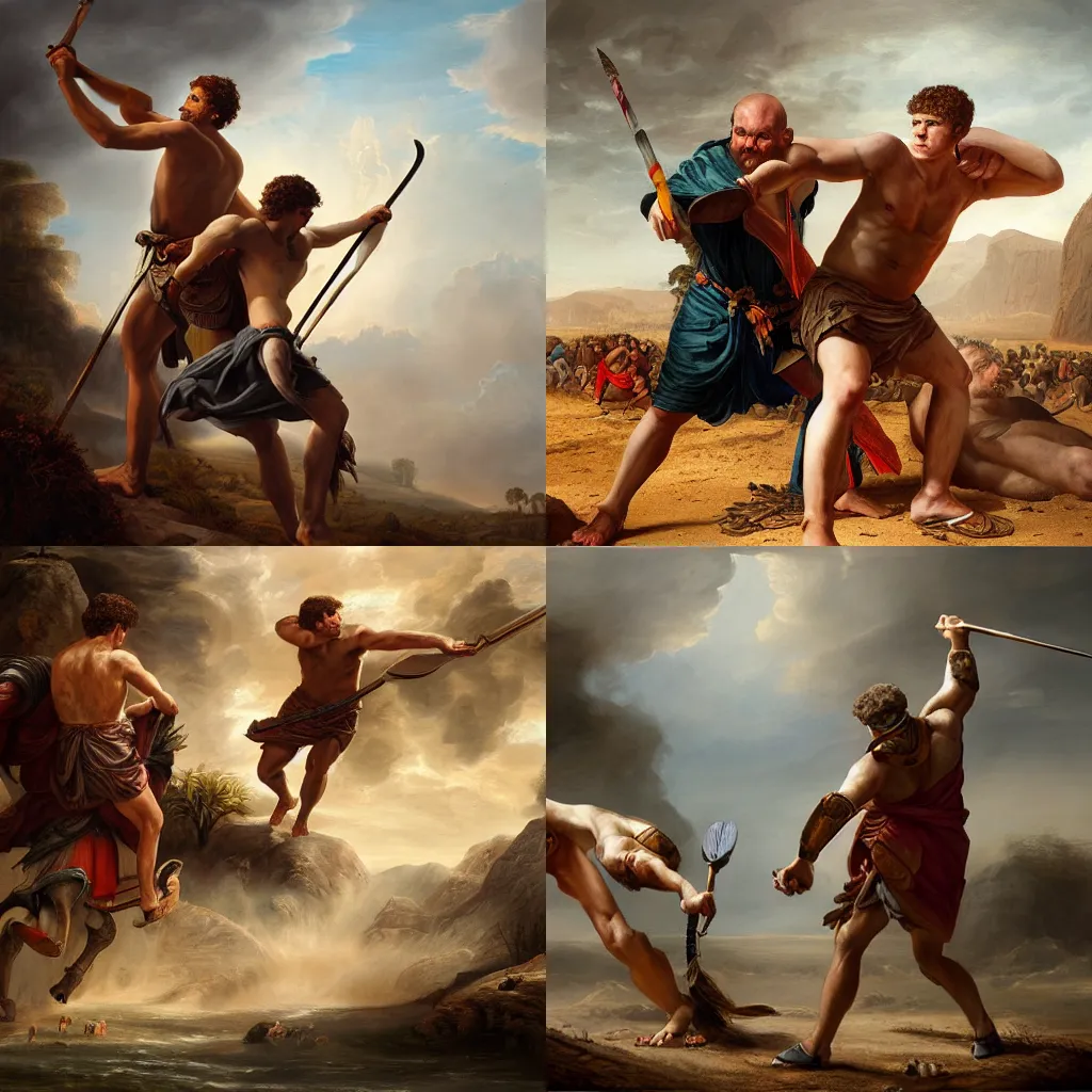 Prompt: illustration of David vs Goliath, realistic painting, classical painting, high definition, digital art, matte painting, very detailed, realistic