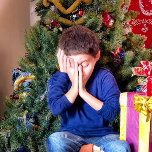 Image similar to a kid at christmas disappointed and sad that his present was a giant moai statue, his hands buried in his face, sitting down. | inside of a house next to a christmas tree, large present in the back