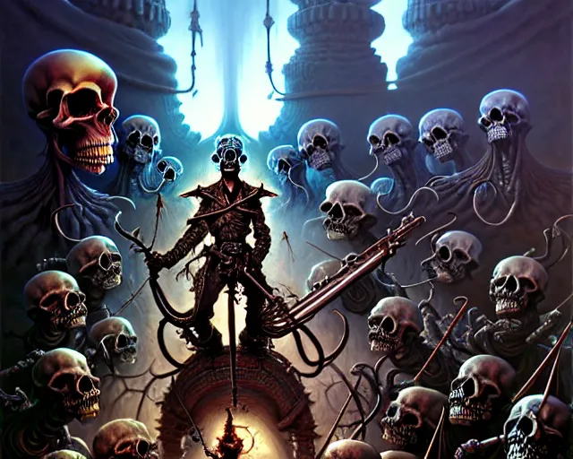 Image similar to the army of darkness and skulls, fantasy character portrait made of fractals facing each other, ultra realistic, wide angle, intricate details, the fifth element artifacts, highly detailed by peter mohrbacher, hajime sorayama, wayne barlowe, boris vallejo, aaron horkey, gaston bussiere, craig mullins