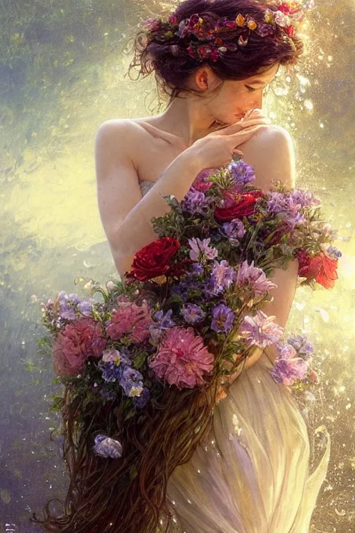 Image similar to portrait of a beautiful mysterious woman holding a bouquet of flowing flowers, wet dripping long hair, hands hidden under the bouquet, emerging from the water, fantasy, regal, intricate, by stanley artgerm lau, greg rutkowski, thomas kindkade, alphonse mucha, loish, norman rockwell