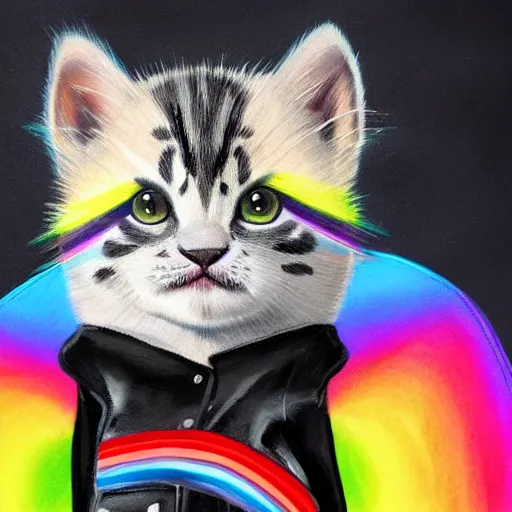 Image similar to wide angle full body, jacket wearing fluffy cute rainbow kitten wearing a black leather motorcycle jacket, concept art