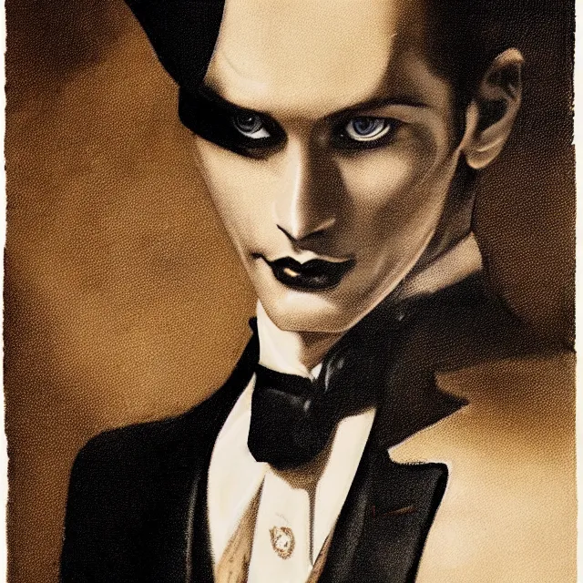 Prompt: photorealistic sepia full - head portrait of a 1 9 2 0 s era smirking male occultist, well dressed, long - tailed tuxedo coat, atmospheric lighting, dark, brooding, painted, intricate by thierry doizon, ultra detailed, well composed, best on artstation, cgsociety, epic, stunning, gorgeous, intricate detail, much wow, masterpiece