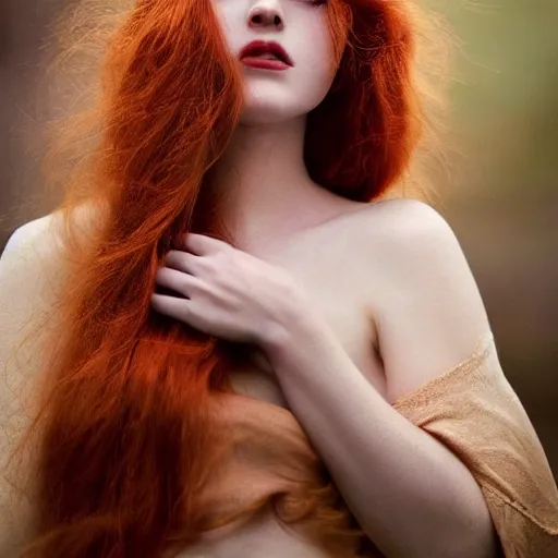 Image similar to Fine art photo of the most beautiful woman, she is redhead, she is posing while maintain a sweet eye contact to the camera, she has a crown of flowers, she has perfect white teeths, she is getting ulluminated by the rays of the sunset, the photo was taking by Annie Leibovitz, Ellie Victoria Gale, Steve McCurry, matte painting, oil painting, naturalism, 4k, 8k