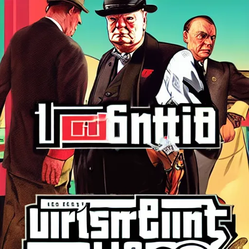 Image similar to winston churchill in gta v, cover art by stephen bliss, boxart, loadscreen
