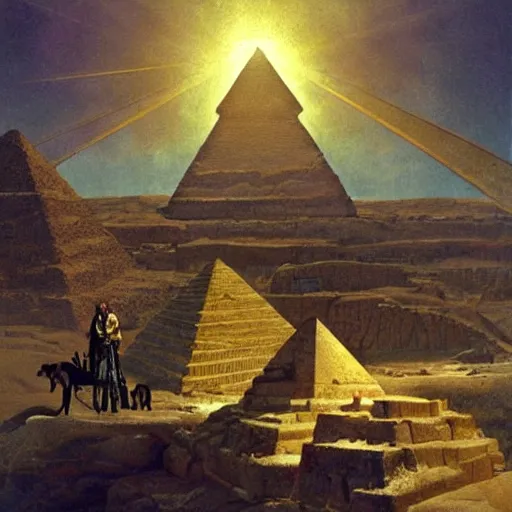 Image similar to joe rogan, king of the pharaohs, fends off aliens atop the pyramid of giza as a war of the world style invasion is happening. masterpiece illustration by albert bierstadt and billy butcher. h 6 4 0