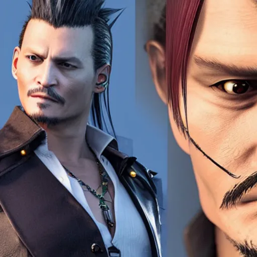 Image similar to johnny depp in final fantasy vii remake, character render, full body shot, highly detailed, in game render