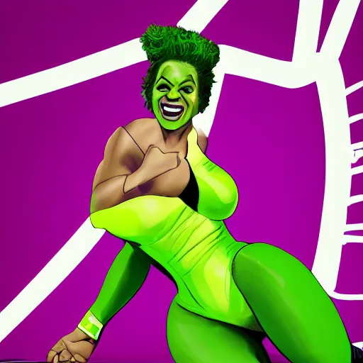 Image similar to Singer Beyoncé as She-Hulk, white leotard with two purple vertical stripes, green skin, wearing purple and white fingerless gloves, wearing purple and white sneakers, mini skirt, smiling, photorealistic, comic pinup style, sports illustrated, detailed legs, hyperreal, surreal, artstation, bokeh, tilt shift photography, photo illustration, Roge Antonio, Jen Bartel