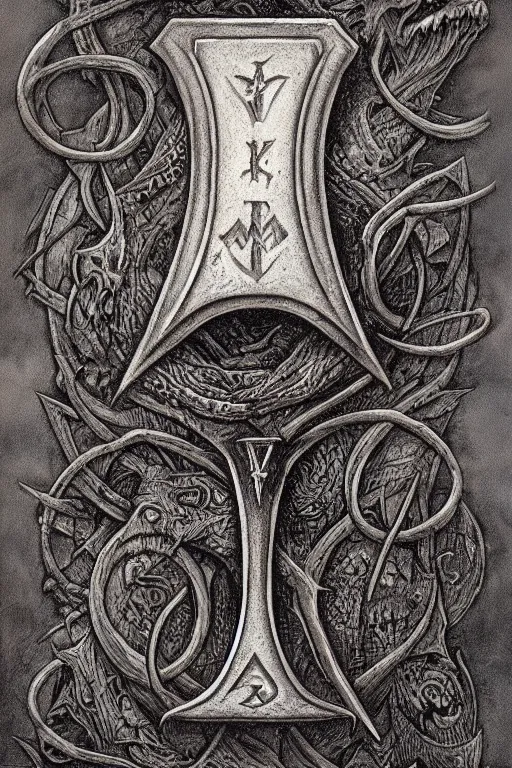 Image similar to a war axe with magic rune engraving by Gerald Brom