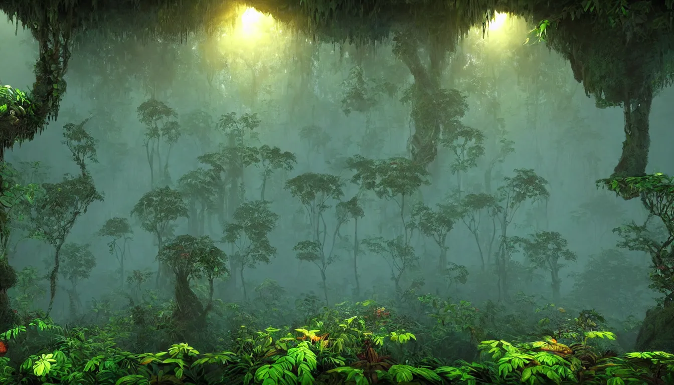 Image similar to deep jungle forest realm biodiversity , side-scrolling 2d platformer game level, swirling clouds of magical mist through the trees, small chunks of forest soil floating like islands between the tree trunks, dramatic dusk sun illuminates areas , volumetric light , detailed entangled roots carpet the forest floor, rich color , upscale , 8k