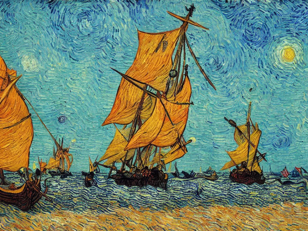 Image similar to oil painting of a viking longship invading south beach miami, light scatter, van gogh